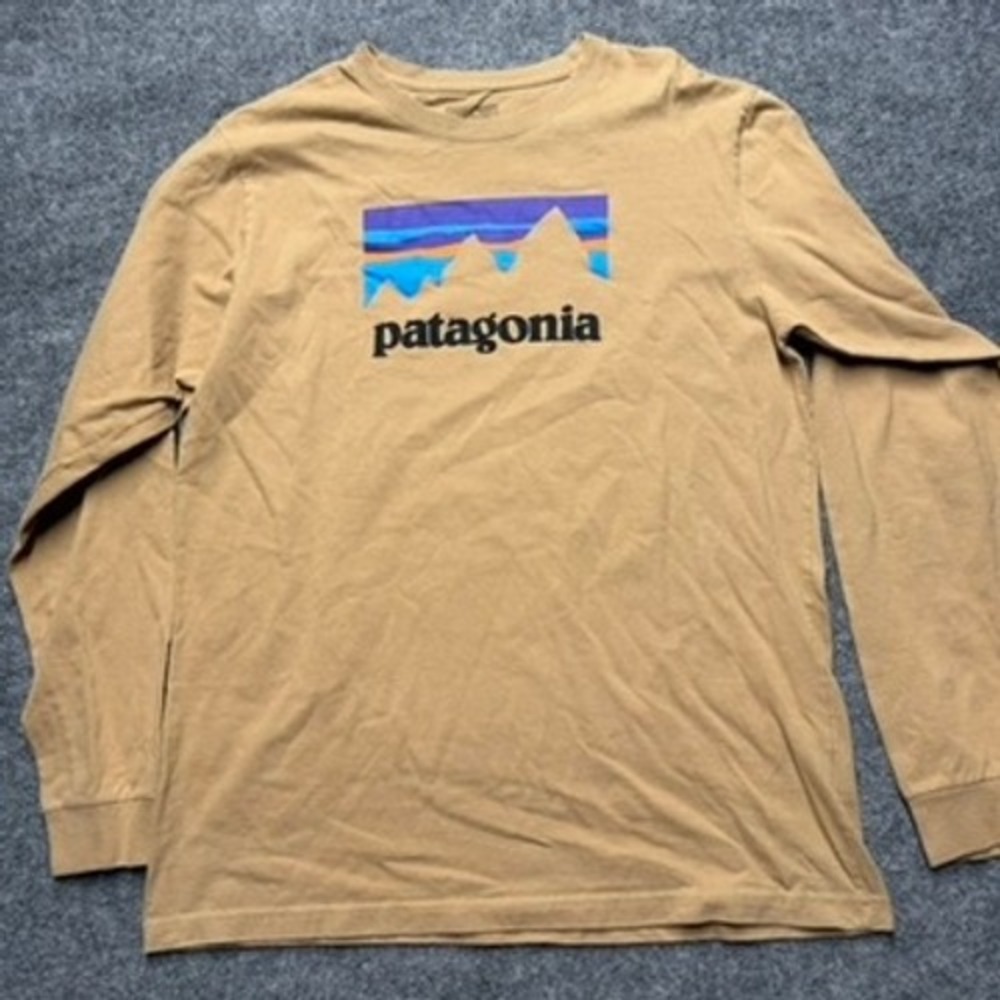 Patagonia Mens Fitz Roy Logo Long Sleeve T-Shirt Tan Brown Size Medium